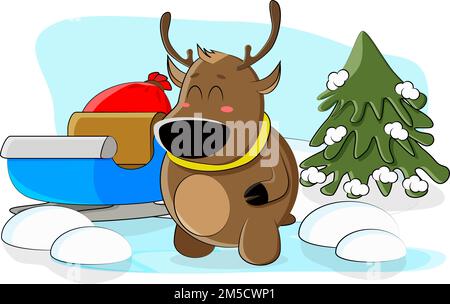 Süßes Reh sammelte einen Schlitten und eine Tasche mit Spielzeug für die Feiertage Stock Vektor
