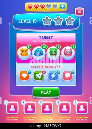 Spiel-UI. Bildschirm Level (Füllstand). Kreatives Konzept für das Design von Vektorschnittstellen-Spielen. Süße kleine Monster. Stock Vektor