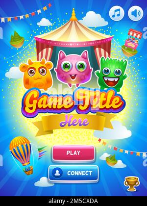 Spiel-UI. Hauptbildschirm. Kreatives Konzept für das Design von Vektorschnittstellen-Spielen. Süße kleine Monster. Stock Vektor