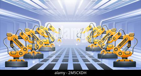 Roboterarme mit Förderband. Roboter-Montagelinie im Werk. Vektordarstellung Stock Vektor