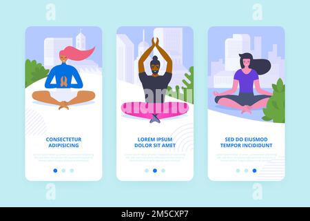 Yoga-Übung Onboarding Screens Cartoon-Konzept. Meditations-Mobile-Seiten mit Anleitungen zum Durchgehen. Gleichgewicht und Konzentration. App-UI, UX-Vorlage Stock Vektor