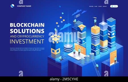 Kryptowährung und Blockchain-isometrische Zusammensetzung. Schaffung einer Plattform für digitale Währung. Web-Business, -Analyse und -Management. Vektor-Illustration Stock Vektor