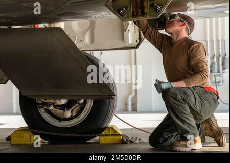 USA Air Force Tech. Sgt. Zachary Walters, ein 90. Flugzeuginstandhaltungschef, sammelt Motorölproben von einem F-22 Raptor auf der Joint Base Elmendorf-Richardson, Alaska, 2. März 2022. Nach jeder Sortie werden Motorölproben entnommen, um die Spitzenleistung des Flugzeugs zu gewährleisten. Stockfoto