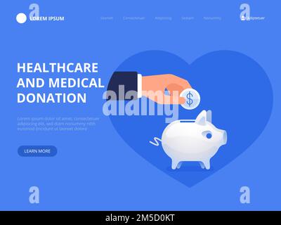 Gesundheitswesen und medizinische Spende. Die Hand legt Geld in die Sparschwein. Konzept von Pflege und Liebe. Flache Vektordarstellung Stock Vektor