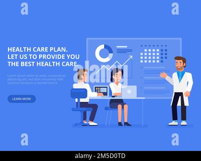 Gesundheitsplan. Professionelles medizinisches Team in der Vorstandssitzung in der Praxis. Moderne Flachvektordarstellung für Webdesign, Marketing und Print m Stock Vektor