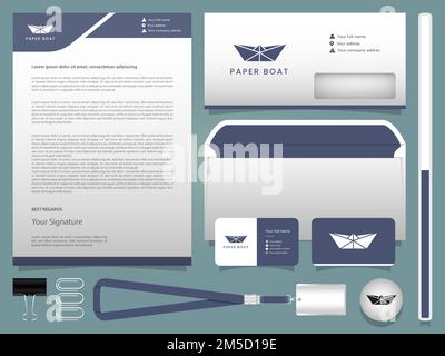 Eine Vektordarstellung des Papierboot-Logos auf einem Umschlag und mit der Vorlage für den Ausweis Stock Vektor