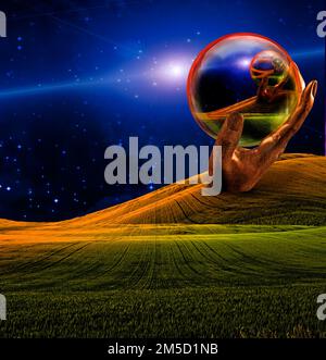 Eine Handskulptur hält die Glaskugel in surrealer Landschaft. 3D-Rendering Stockfoto