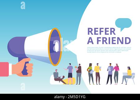 Empfehlen Sie einem Freund das Konzept der Vektordarstellung. Social-Media-Marketing. Mann schreit auf Megafon. Kann als Landing-Page verwendet werden. Digitale Geschäftswerbung. Stock Vektor