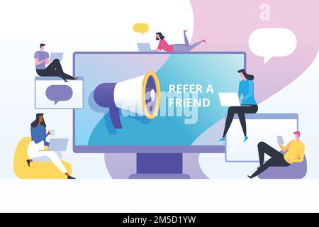 Empfehlen Sie einem Freund das Konzept der Vektordarstellung. Social-Media-Marketing. Mann schreit auf Megafon. Kann als Landing-Page verwendet werden. Digitale Geschäftswerbung. Stock Vektor