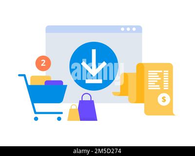 Digitale Online-Rechnung. Mobile App mit Rechnungspapier und Warenkorb. Zahlung in Zuordnung. Konzept von Online-Zahlung, Finanzen, Steuern. Vektor Stock Vektor