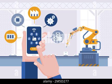 Hand mit Smartphone. Überwachungs-App auf einem Smartphone und intelligente automatisierte Produktionslinie. Intelligente Fabrik mit Fernbedienung. Intelligente Industrie 4,0 Vector illu Stock Vektor