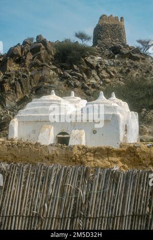 Jahrhunderte alt, eine weiß getünchte Moschee steht an der Hauptküstenstraße in Badiyah, nördlich von Fujairah, Vereinigte Arabische Emirate (1985) Stockfoto