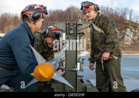 USA Marines mit Marine Attack Squadron (VMA) 223, 2. Marine Aircraft Wing, Lade Geschütze auf einen Wagen am Luftwaffenstützpunkt Bodø, Norwegen, 3. März 2022. Übung Cold Response '22 ist eine alle zwei Jahre stattfindende norwegische nationale Bereitschafts- und Verteidigungsübung, die in ganz Norwegen stattfindet, unter Beteiligung jedes seiner Militärdienste sowie von 26 weiteren alliierten Nationen und regionalen Partnern der Nordatlantikvertrags-Organisation (NATO). Stockfoto