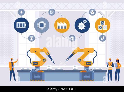 Roboterarme in intelligenter Fabrikindustrie mit Überwachungssystem-Software. Produktionslinie mit Arbeitern, Automatisierung und Benutzeroberfläche Concep Stock Vektor