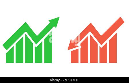 Ein 3D-Designvektor-Darstellungskonzept eines Balkendiagrammsymbols mit Pfeil nach unten und eines Balkendiagramms mit Pfeil nach oben. Stock Vektor