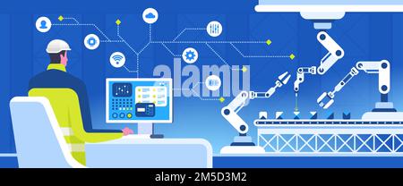 Smart Conveyor Manager – Flachvektordarstellung. Ingenieur, der mit einem Computer-Zeichentrickfigur arbeitet. Administrator des Überwachungssystems für Produktionslinien Stock Vektor