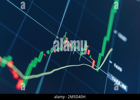 Aktiendiagramm mit grünen Kerzenleuchtern, die nach oben gehen, was darauf hinweist, dass der Wert der Krypto steigt. Grafische Darstellung von Volumen und Zeitintervallen digitaler Kryptowährungen in der Vergangenheit von Preisbewegungen Stockfoto