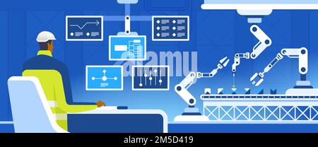 Vektordarstellung für den Baugruppenadministrator. Ingenieur, der mit einem Computer-Zeichentrickfigur arbeitet. Konfigurationen von Fertigungssystemen. Smart facto Stock Vektor