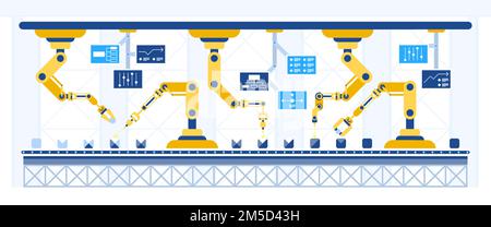 Flachvektordarstellung der Förderbandautomatisierung. Industrielle Revolution, IOT-Konzept. Intelligente Technologie für Montageprozesse, Produktionsinnovatio Stock Vektor