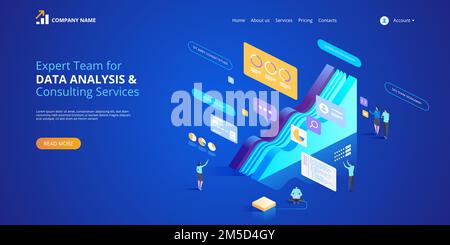 Expertenteam für Datenanalyse und Consulting Services. Isometrische Vektordarstellung für Landing-Page, Webdesign, Banner und Präsentation. Stock Vektor