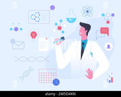 Abbildung: Wissenschaftler, der Becher hält, Flachvektor. Junger Arzt im weißen Karikaturencharakter. Chemiker, Biologe. Gentechnik, b Stock Vektor