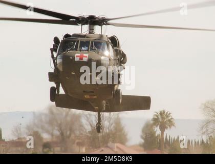 Ein UH-60 Blackhawk Helikopter der Charlie Company, 2916. Luftfahrtbataillon, 916. Stützbrigade, landet am Edwards Air Force Base, Kalifornien, März 3. Die Armeeeinheit trainierte mit medizinischem Personal der 412. Medical Group über angemessene medizinische Evakuierungsverfahren. (Air Force Foto von Laura Maples) Stockfoto