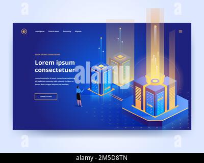 Blaue Landing-Page-Vorlage für Serverwartung. Website zur Verwaltung des Rechenzentrums, Homepage, UI-Idee mit isometrischer Vektordarstellung. Technischer support Stock Vektor