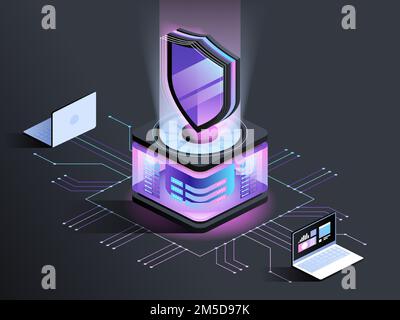 Abstrakte isometrische Darstellung des Antivirenprogramms. Cybersicherheit, Datenverschlüsselungstechnologie dunkles 3D-Konzept. Malware-Sicherheitssoftware. Hacker Stock Vektor