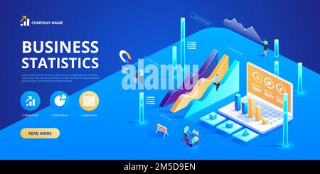 Statistiken und Geschäftsbericht. Konzept der Finanzverwaltung. Beratung zur Unternehmensleistung, Analysekonzept. Isometrische Infografiken für Stock Vektor