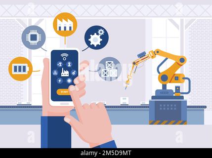 Hand mit Smartphone. Überwachungs-App auf einem Smartphone und intelligente automatisierte Produktionslinie. Intelligente Fabrik mit Fernbedienung. Intelligente Industrie 4,0 Vector illu Stock Vektor