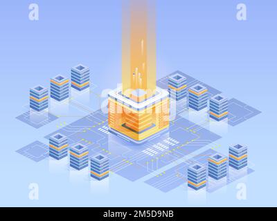 Isometrische Darstellung der Bitcoin-Minenfarm. Computerelektronik, Serverarchitektur, E-Business. Blockchain-Technologie, digitales Geschäft. Virtueller Monat Stock Vektor