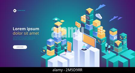 ISOMETRISCHES VEKTORKONZEPT DES IOT. Internet der Dinge. Automatisierungssystemtechnologie. Online-Geräte laden Informationen hoch, laden sie herunter, Daten in Datenbanken in der Cloud Stock Vektor