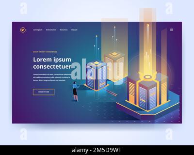 Vektorvorlage für die Landing-Page für die Serverwartung. Website zur Verwaltung von Rechenzentren – Idee der Homepage mit isometrischen Illustrationen. Technische e Stock Vektor