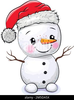 Schneemann mit weihnachtsmannmütze, isoliert auf weißem Hintergrund. Vektordarstellung Stock Vektor
