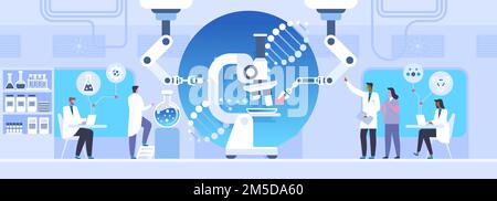 Abbildung des Flachvektors der Laborstudie. Wissenschaftler experimentieren mit Zeichentrickfiguren. Nanotechnologie, mikrobiologisches Wissenschaftskonzept. Medi Stock Vektor