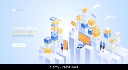 ISOMETRISCHES VEKTORKONZEPT DES IOT. Internet der Dinge. Automatisierungssystemtechnologie. Online-Geräte laden Informationen hoch, laden sie herunter, Daten in Datenbanken in der Cloud Stock Vektor