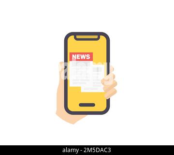 Smartphone ohne Einfassung mit menschlicher Hand, mobile Nachrichtenanwendung im Smartphone-Logo-Design. Durchsuchen der neuesten Artikel. Stock Vektor