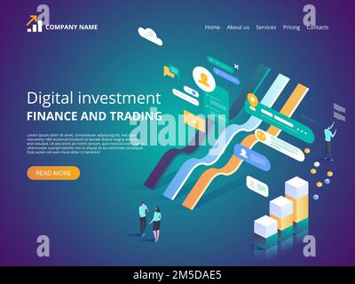 Digitale Investitionen. Online-Statistiken. Isometrische Vektordarstellung für Landing-Page, Webdesign, Banner und Präsentation. Stock Vektor