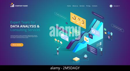 Expertenteam für Datenanalyse und Consulting Services. Isometrische Vektordarstellung für Landing-Page, Webdesign, Banner und Präsentation. Stock Vektor