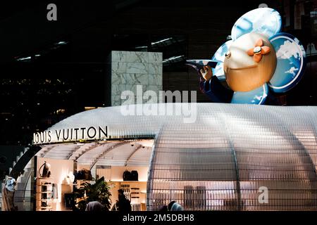 Kontrastreiches Bild des Louis Vuitton Store am Flughafen Doha mit Kunstwerken Stockfoto