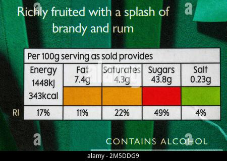 Nährwertangaben Ampelsystem Kennzeichnung farbcodiertes Etikett auf sechsmonatig gereiftem Weihnachtspudding von Waitrose Stockfoto