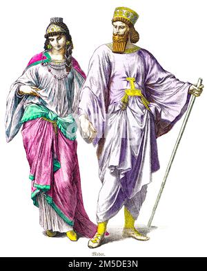 Historische Kostüme des Ta Mede-Paares, farbige historische Illustration, Münchener Bilderbogen, München 1890 Stockfoto