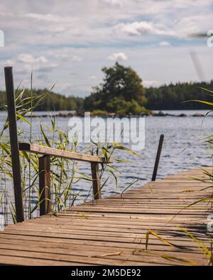Eine vertikale Aufnahme eines alten hölzernen Weges zwischen dem See, umgeben von Pflanzen an einem sonnigen Tag Stockfoto