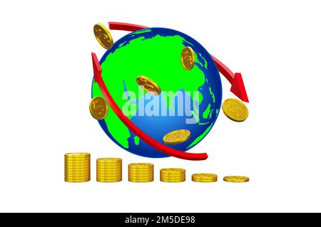 3D-Darstellung von rotem Pfeil und Welt mit Goldstapel isolierter weißer Hintergrund zur Darstellung des Konzepts der Finanzinvestitionen an den Aktienmärkten Stockfoto