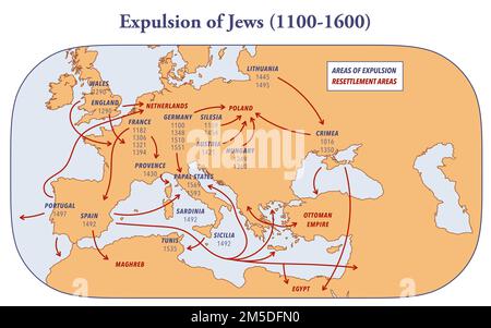 Karte der Vertreibung von Juden und ihrer Neuansiedlung zwischen 1100 und 1600 Stockfoto