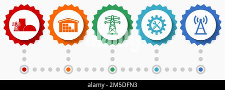 Symbole für Leistungs- und Energievektoren, Webabzeichen im flachen Industriedesign, Infografiken für Unternehmen Stock Vektor