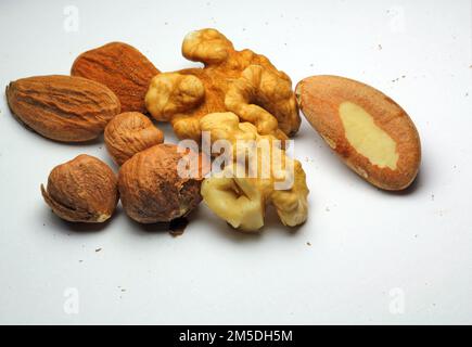 Verschiedene Nüsse, Brasilien, Haselnüsse, Walnüsse und Mandeln. Nahaufnahme auf weißem Hintergrund. Stockfoto