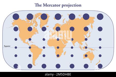 Die Mercator-Projektion der Erde und die Verzerrung von Größen weit vom Äquator entfernt Stockfoto