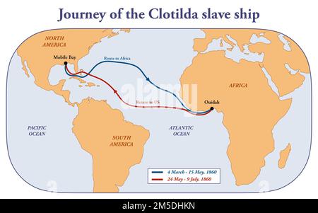 Karte mit der Reise des Clotilda-Sklavenschiffs Stockfoto