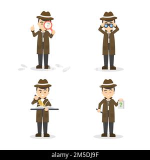 Cartoon-Detektivset. Vergrößerungsglas und Buch, Fußabdrücke und Binokular. Stock Vektor